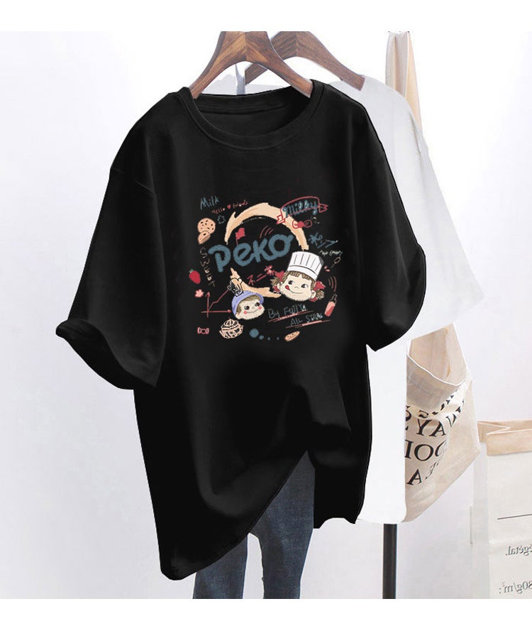 White Cotton Short-sleeved T-shirt Women's 2023 Summer New Fashion Printed Loose All-match Half-sleeved Design Sense Top