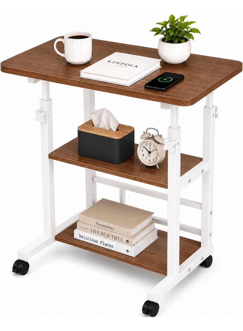 Toshionics Upgraded Laptop & Computer Desk, Portable Height-Adjustable Laptop Desk with Storage Shelves, Mobile Sofa Side Table on Wheels, Small Standing Desk for Home Office, Study - Walnut - Image 1