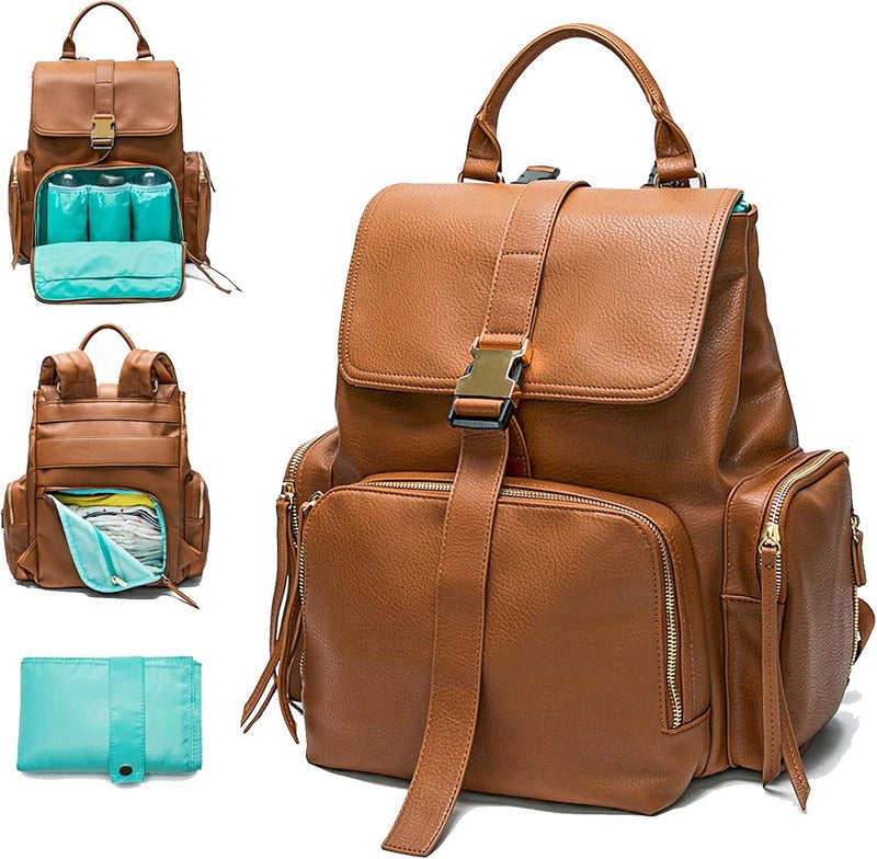 MOMINSIDE Diaper Bag Backpack, Leather Baby Bag, Large Capacity, 4 Insulated Pockets, Wet Dry Bag, Changing Pad - Image 1