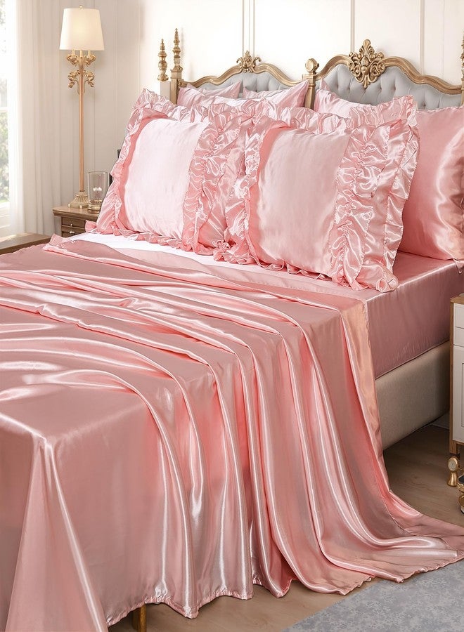 MOVE OVER 8 Pieces Pink Satin Comforter Set Queen Size Bed in a Bag Silky Comforter with Sheet Set Boho Chic Farmhouse Ruffled Comforter Set Soft and Silky Luxury Satin Bedding Set for All Season - Image 3