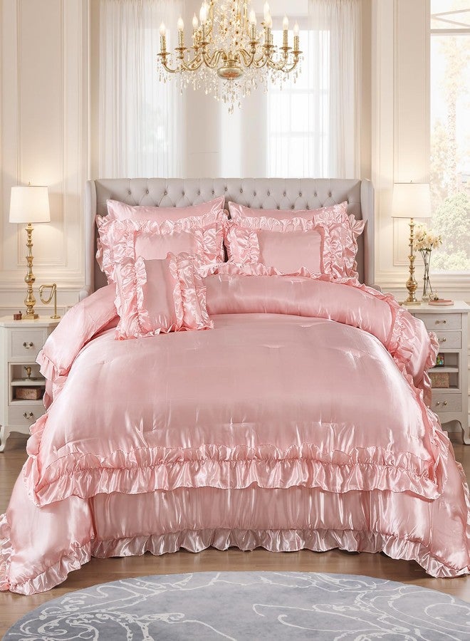 MOVE OVER 8 Pieces Pink Satin Comforter Set Queen Size Bed in a Bag Silky Comforter with Sheet Set Boho Chic Farmhouse Ruffled Comforter Set Soft and Silky Luxury Satin Bedding Set for All Season - Image 1
