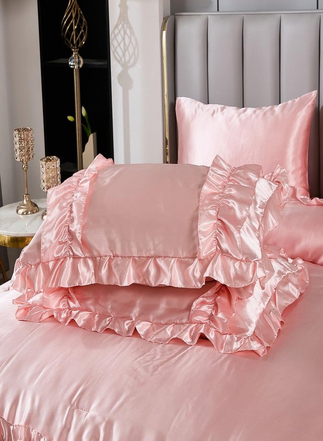 MOVE OVER 8 Pieces Pink Satin Comforter Set Queen Size Bed in a Bag Silky Comforter with Sheet Set Boho Chic Farmhouse Ruffled Comforter Set Soft and Silky Luxury Satin Bedding Set for All Season - Image 5