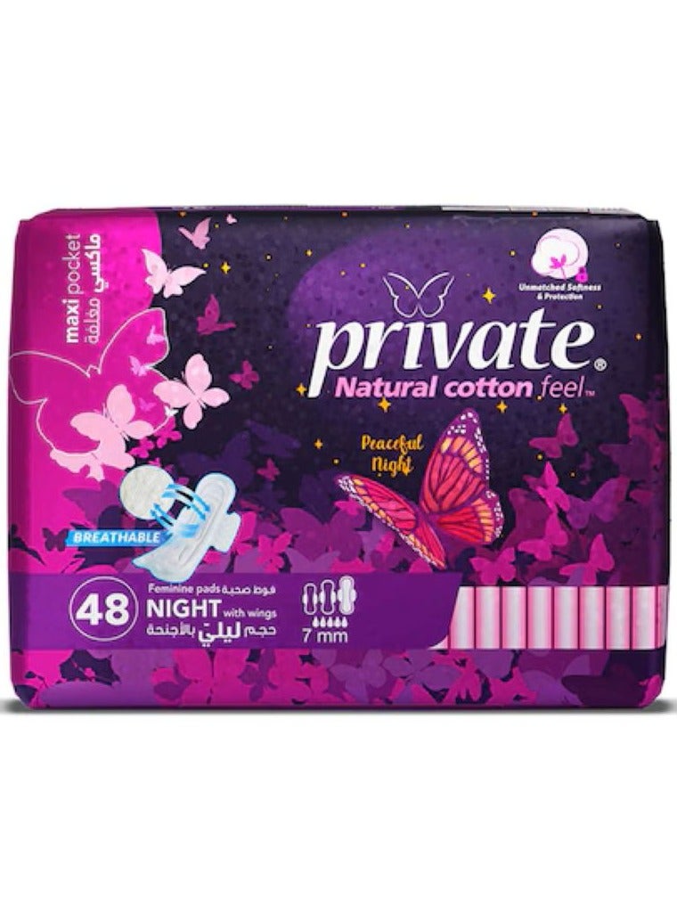 Private Feminine Pads Night – 7mm With Wings – 48pcs