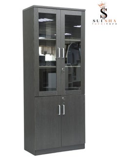 SULSHA Modern 4 Door Wooden File CABINET and Bookshelf Glass Coffee Grey Color  - Image 1