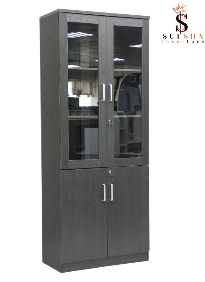 SULSHA Modern 4 Door Wooden File CABINET and Bookshelf Glass Coffee Grey Color  - Image 1