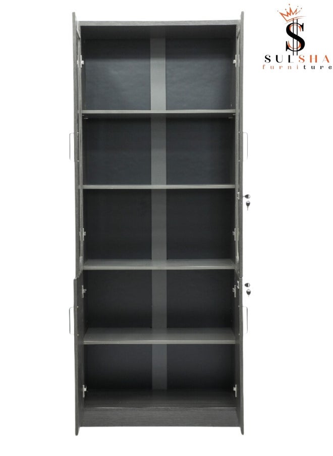 SULSHA Modern 4 Door Wooden File CABINET and Bookshelf Glass Coffee Grey Color  - Image 2