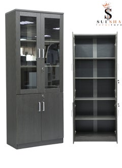 SULSHA Modern 4 Door Wooden File CABINET and Bookshelf Glass Coffee Grey Color  - Image 3
