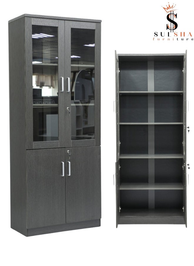 SULSHA Modern 4 Door Wooden File CABINET and Bookshelf Glass Coffee Grey Color  - Image 3