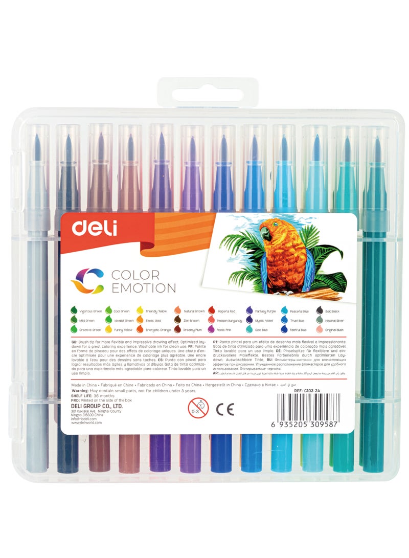 Deli مجموعة أقلام فلوماستر دلي EC10324 COLOR EMOTION القابلة للغسل، 24 لون، طرف فرشاة ناعمة 1.0-8 مم، ساطعة وغير سامة - Image 3