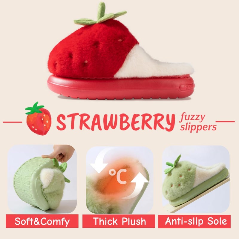 Zigihos Strawberry Fuzzy Friut Slippers for Women, Cute Fluffy Plush Warm House Couple Slippers, Winter (4,Red) - Image 4