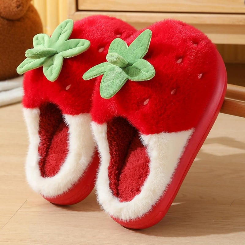 Zigihos Strawberry Fuzzy Friut Slippers for Women, Cute Fluffy Plush Warm House Couple Slippers, Winter (4,Red) - Image 5