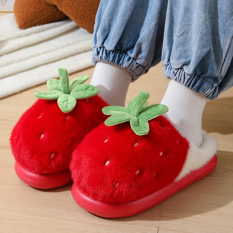 Zigihos Strawberry Fuzzy Friut Slippers for Women, Cute Fluffy Plush Warm House Couple Slippers, Winter (4,Red) - Image 2