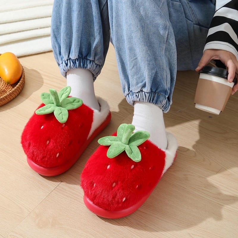 Zigihos Strawberry Fuzzy Friut Slippers for Women, Cute Fluffy Plush Warm House Couple Slippers, Winter (4,Red) - Image 3