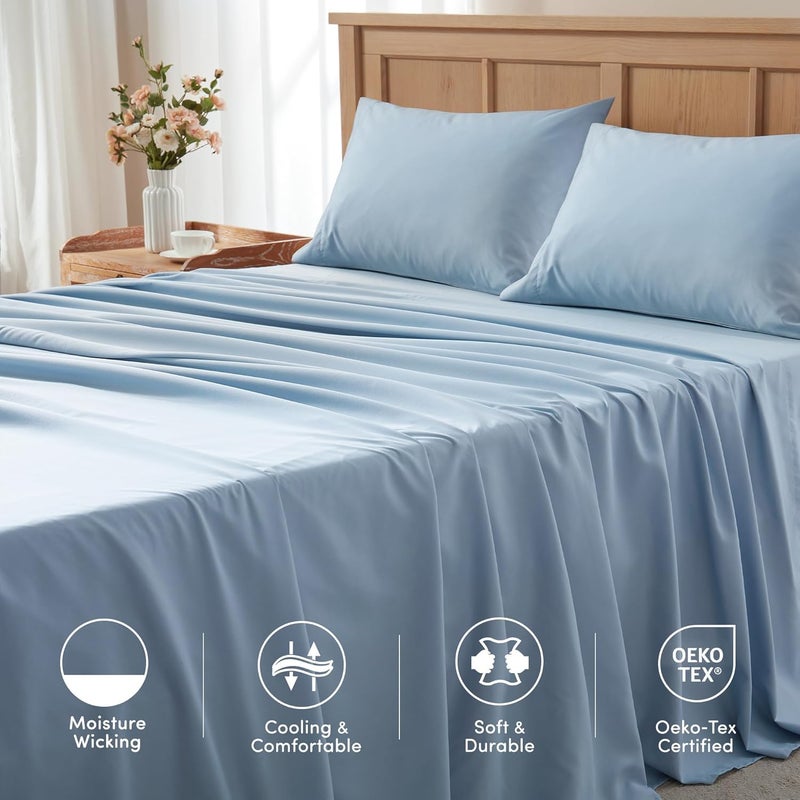 Comfort Spaces Queen Cooling Sheets, Moisture Wicking Coolmax Sheets, Soft, Colorfast Sheet Set, Cooling Bed Sheets For Hot Sleepers, Elastic Deep Pocket Fits Up to 16" Mattress, Queen Blue 4 Piece - Image 5