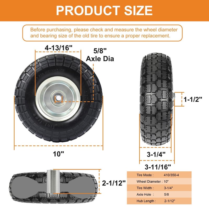 CANWUPON 4.10/3.50-4 Tire and Dolly Wheel Flat Free - Solid Rubber Hand Truck Wheels 5/8" Axle - Gorilla Cart Tires Replacement for Garden, Wagon, Yard and Wheelbarrow (10 Inch 4 Pack) - Image 2