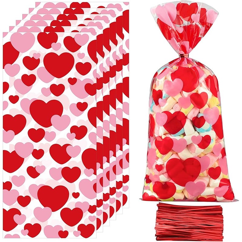 بيوني مان 120 PCS Valentines Cellophane Treat Bags 10.8 x 5in Valentine Heart Clear Candy Bag Red Pink Hearts Plastic Goodie Bags with Twist Ties for Valentines Day Cookie Gift Bag Wedding Party Favors Supplies - Image 1