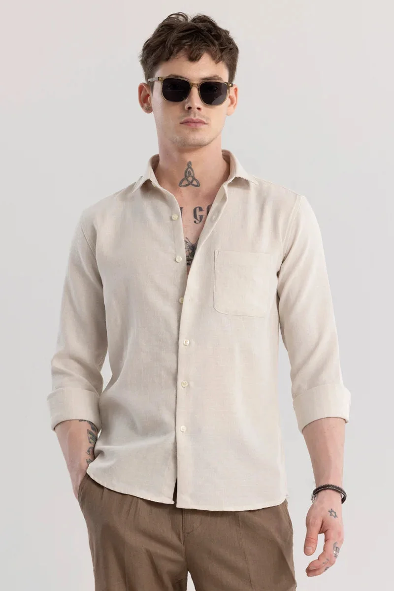 SNITCH Cream Striped Long Sleeve Slim Fit Casual Shirt