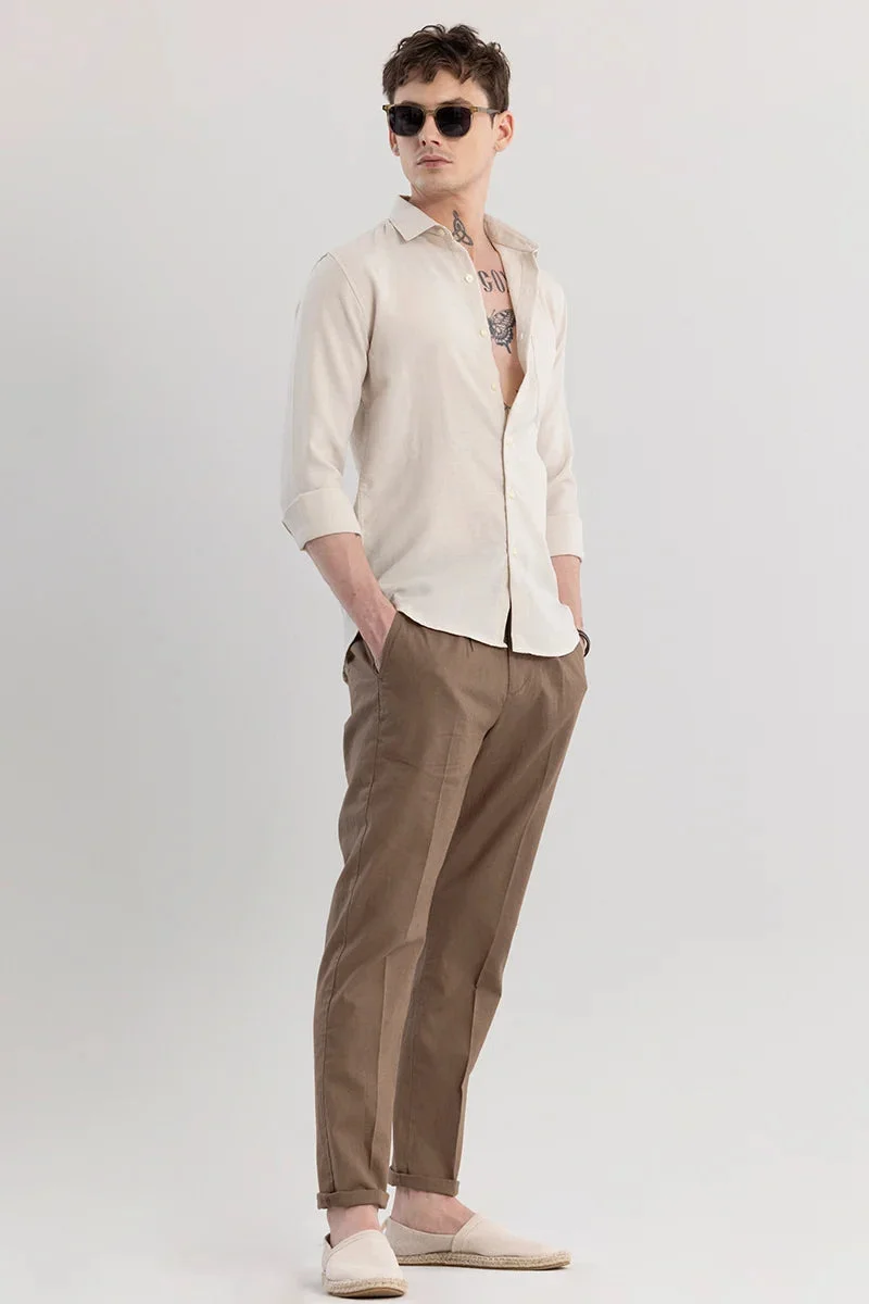 SNITCH Cream Striped Long Sleeve Slim Fit Casual Shirt