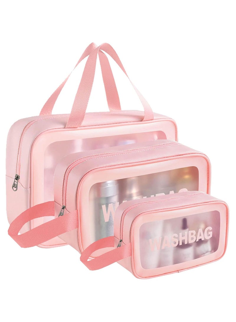 HomarKet Cosmetic Bag,3 Pcs Toiletry Bag Makeup Bag Travel Bag Set for Toiletries, Portable Toiletry Bags for Traveling Women, Translucent Waterproof Make Up Bag for Travel and Bathroom (Pink)  - Image 1