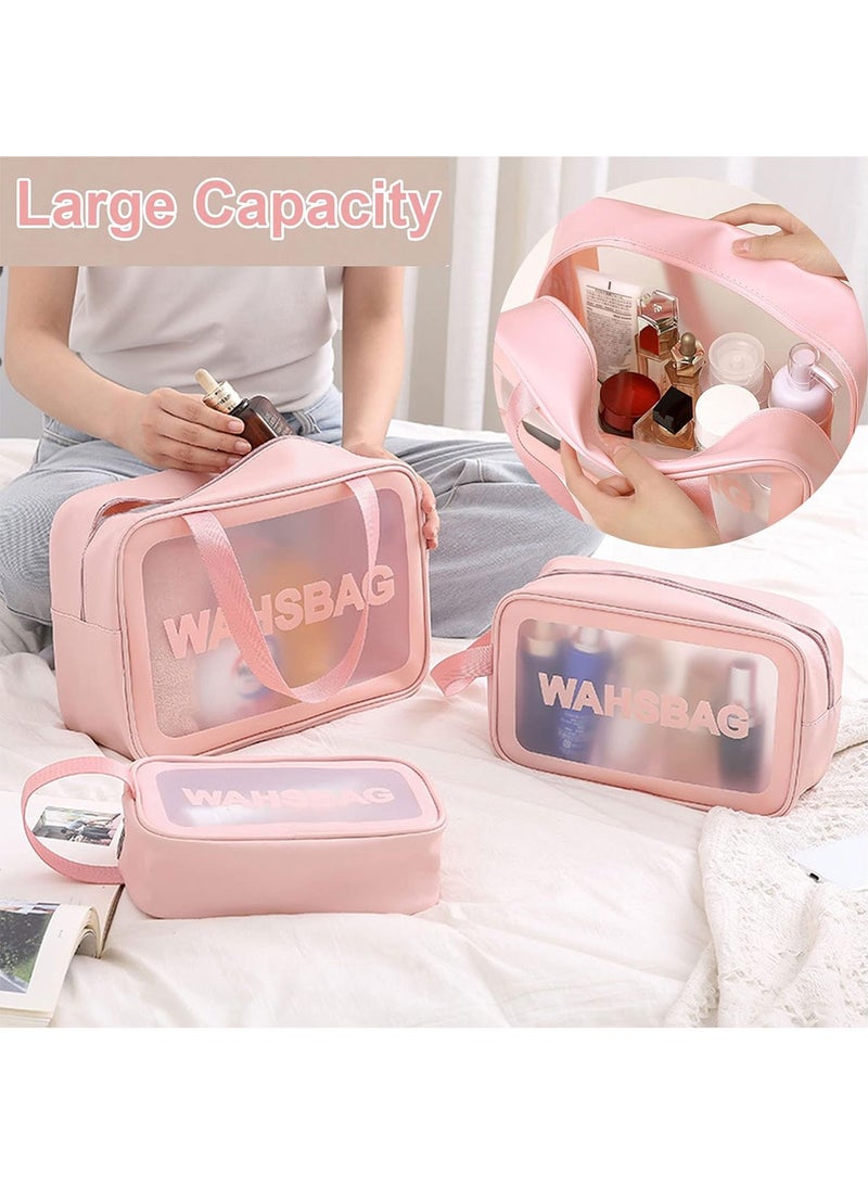HomarKet Cosmetic Bag,3 Pcs Toiletry Bag Makeup Bag Travel Bag Set for Toiletries, Portable Toiletry Bags for Traveling Women, Translucent Waterproof Make Up Bag for Travel and Bathroom (Pink)  - Image 4
