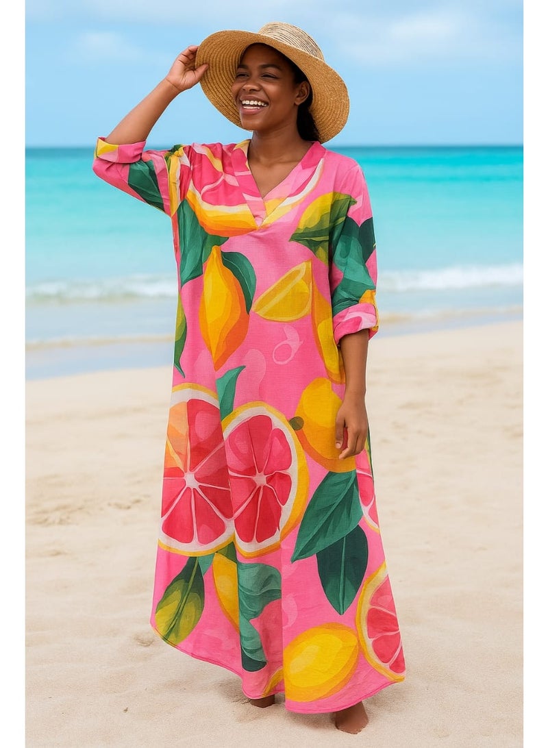 Mr.joe Mr Joe Vibrant Citrus Print V-Neck Kaftan Beach Dress -2733 
