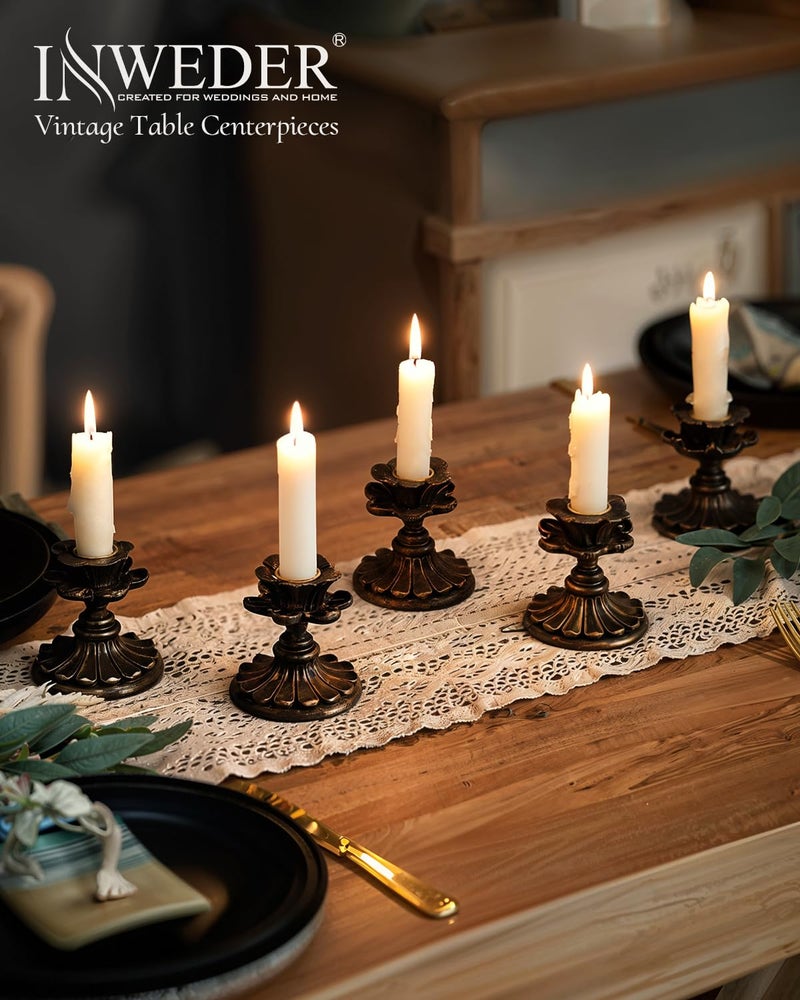 Inweder Taper Candle Holder Vintage: Resin Candlestick Holders Small Candle Sticks Holder Antique Decoration for Dinning Table Mantel Wedding Centerpieces Halloween Christmas Set of 6 - Image 3