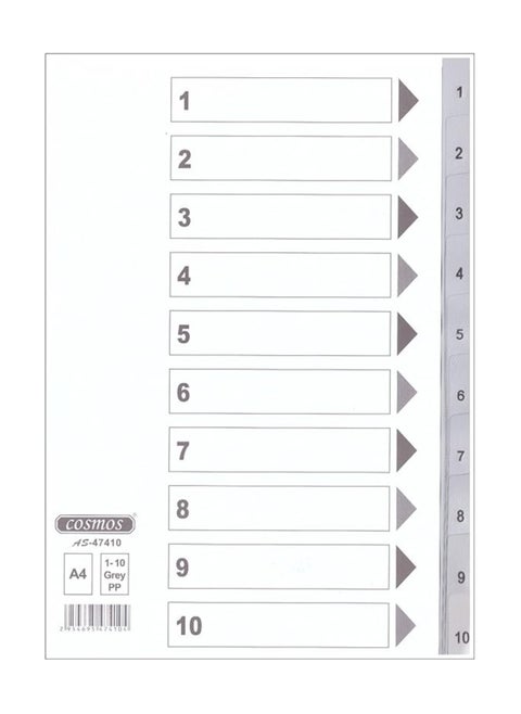 COSMOS PVC INDEX DIVIDERS 1-10 GRAY COLOUR TABS WITH NUMBER. 1X25PCS