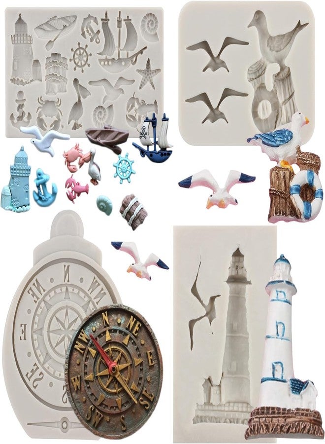 Sijiangmold Sailing Ship Fondant Molds Compass Anchor Rudder Lighthouse Silicone Molds For Cake Decorating Chocolate Candy Cupcake Topper Polymer Clay Set Of 4 - Image 1