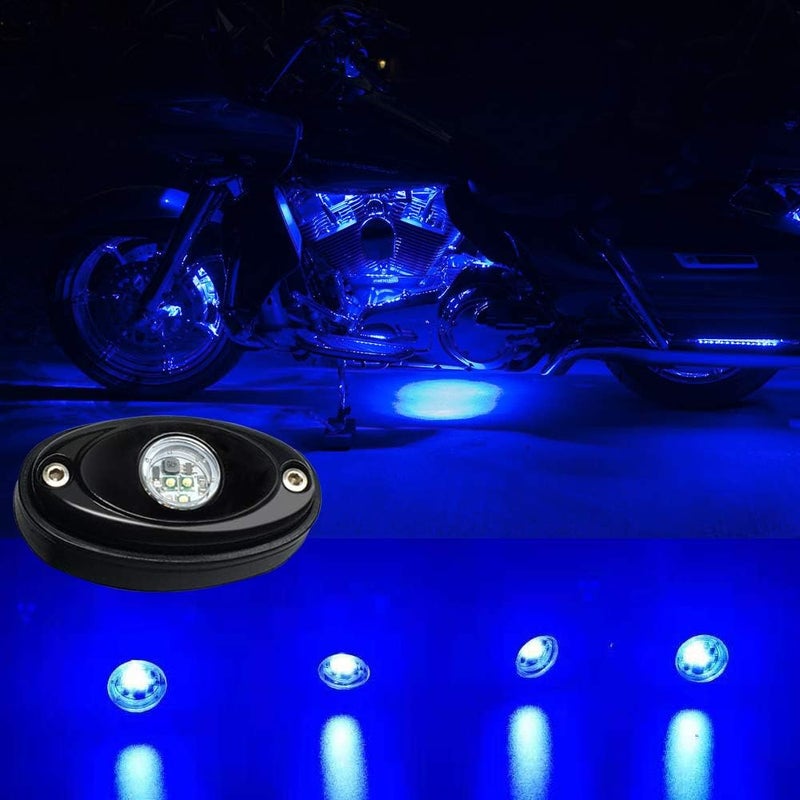 حزمة أضواء LED للصخور، تحتوي على 4 وحدات، لون أزرق، ضوء نيون، لسيارات الجيب (Jeep)، ومركبات الـ UTV، والـ ATV، والـ SUV، والسيارات المخصصة للطرق الوعرة، وإضاءة أسفل الهيكل للقوارب، مقاومة للماء. - Image 5