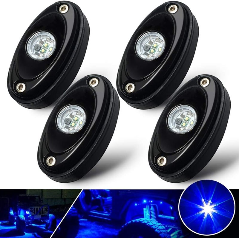 حزمة أضواء LED للصخور، تحتوي على 4 وحدات، لون أزرق، ضوء نيون، لسيارات الجيب (Jeep)، ومركبات الـ UTV، والـ ATV، والـ SUV، والسيارات المخصصة للطرق الوعرة، وإضاءة أسفل الهيكل للقوارب، مقاومة للماء. - Image 1