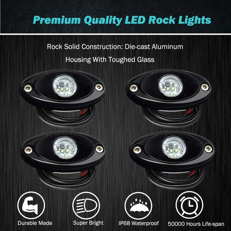 حزمة أضواء LED للصخور، تحتوي على 4 وحدات، لون أزرق، ضوء نيون، لسيارات الجيب (Jeep)، ومركبات الـ UTV، والـ ATV، والـ SUV، والسيارات المخصصة للطرق الوعرة، وإضاءة أسفل الهيكل للقوارب، مقاومة للماء. - Image 2