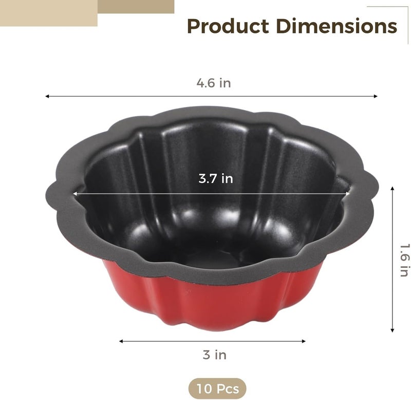 10-Piece Mini Nonstick Fluted Cake Pans, 4.5 in Carbon Steel Flower-Shaped Molds for Cupcakes, Brownies, Pudding, Bavarois - Image 4