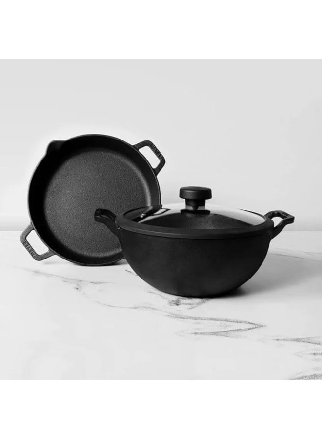 Meyer Pre- Seasoned Cast Iron 3 Piece Cookware Set - 24cm Skillet + 24cm Deep Kadai with Interchangeable Lid, Black - Image 1