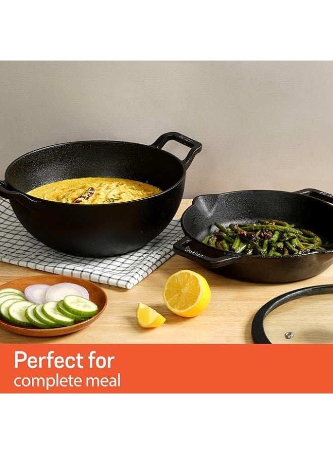 Meyer Pre- Seasoned Cast Iron 3 Piece Cookware Set - 24cm Skillet + 24cm Deep Kadai with Interchangeable Lid, Black - Image 3