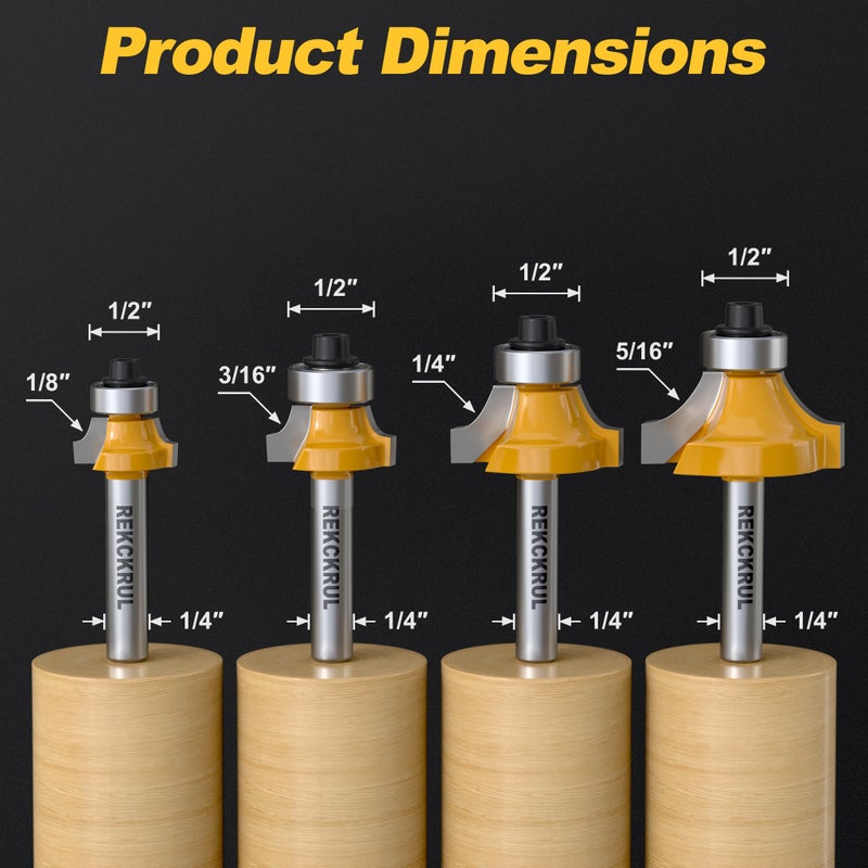REKCKRUL 4-Piece Roundover Router Bit Set - 1/4" Shank, Carbide Inserts for Woodworking, Rounding Edges Bits: 1/8", 3/16", 1/4", 5/16" Radius - Image 2