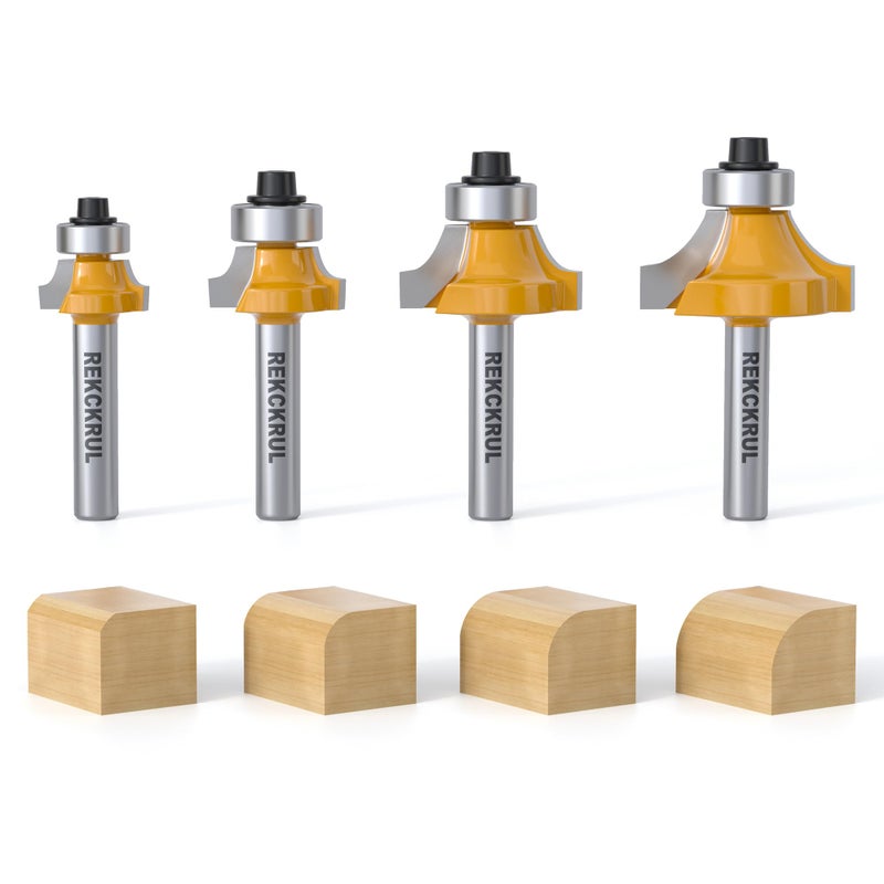 REKCKRUL 4-Piece Roundover Router Bit Set - 1/4" Shank, Carbide Inserts for Woodworking, Rounding Edges Bits: 1/8", 3/16", 1/4", 5/16" Radius - Image 1