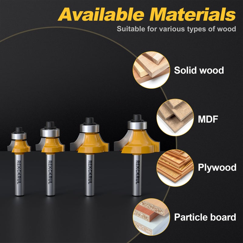 REKCKRUL 4-Piece Roundover Router Bit Set - 1/4" Shank, Carbide Inserts for Woodworking, Rounding Edges Bits: 1/8", 3/16", 1/4", 5/16" Radius - Image 4
