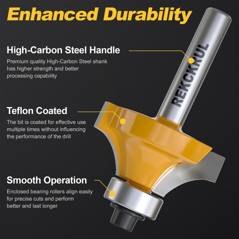 REKCKRUL 4-Piece Roundover Router Bit Set - 1/4" Shank, Carbide Inserts for Woodworking, Rounding Edges Bits: 1/8", 3/16", 1/4", 5/16" Radius - Image 3