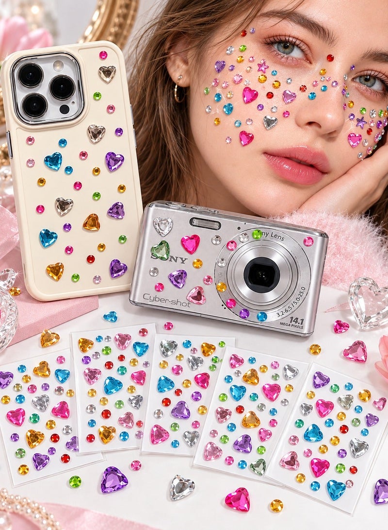 Party Decorations 3D rhinestones Gem Stickers 5 Sheets Colorful Heart Crystal Stickers for Phone Photo Albums Crafts Birthday Parties and DIY Decoration - Image 1