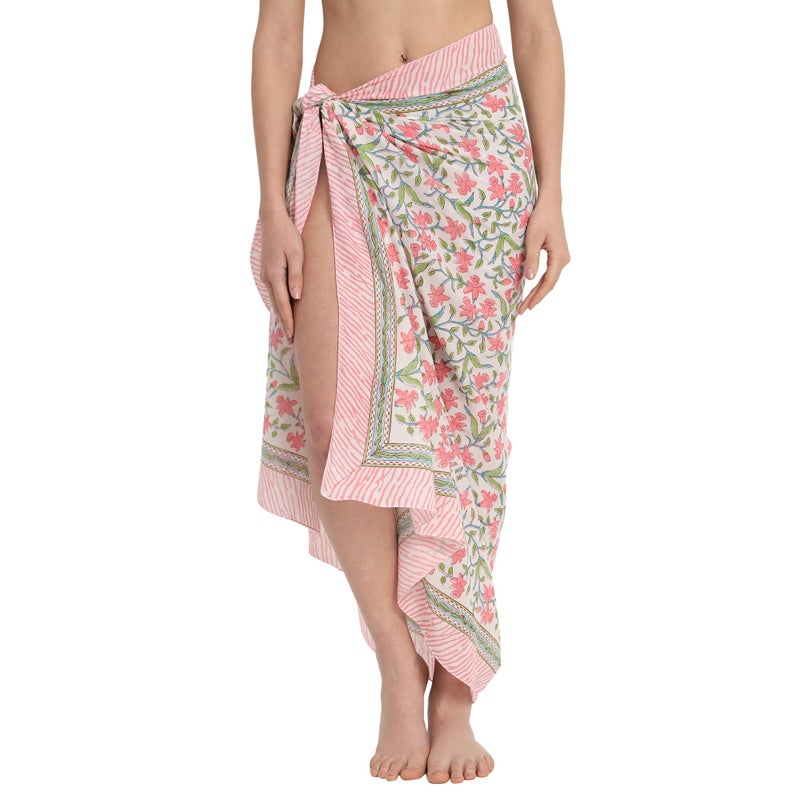 parihan Cotton Block Print long Beach Pareo Sarong Swimsuit Cover Ups Women Wrap - Image 1