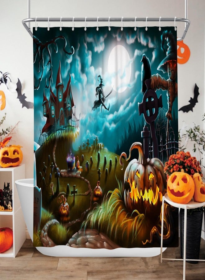 DASHAN Halloween Shower Curtain Scary Pumpkin Shower Curtains for Bathroom Witch Hunted House Bathroom Curtain Spooky Moonlit Night Graveyard Waterproof Fabric Bath Curtain 72"x72" - Image 2