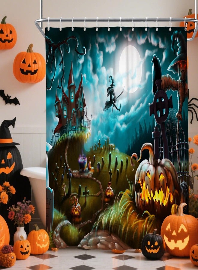 DASHAN Halloween Shower Curtain Scary Pumpkin Shower Curtains for Bathroom Witch Hunted House Bathroom Curtain Spooky Moonlit Night Graveyard Waterproof Fabric Bath Curtain 72"x72" - Image 3