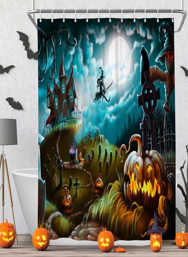 DASHAN Halloween Shower Curtain Scary Pumpkin Shower Curtains for Bathroom Witch Hunted House Bathroom Curtain Spooky Moonlit Night Graveyard Waterproof Fabric Bath Curtain 72"x72" - Image 1