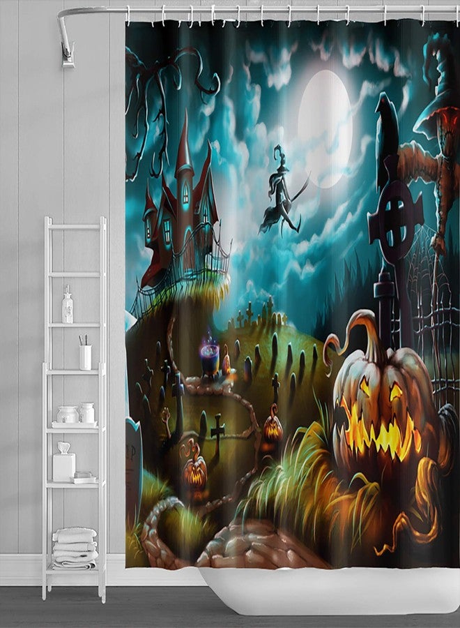 DASHAN Halloween Shower Curtain Scary Pumpkin Shower Curtains for Bathroom Witch Hunted House Bathroom Curtain Spooky Moonlit Night Graveyard Waterproof Fabric Bath Curtain 72"x72" - Image 5