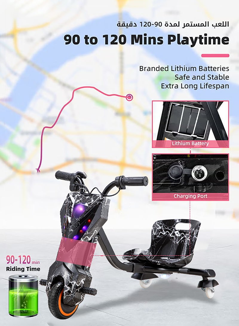 يو إل اتش واي سي سكوتر كهربائي، سكوتر دريفت كهربائي، سعة حمولة 100 كجم، تشغيل الموسيقى المخصصة الخاصة بك عبر البلوتوث، وضبط ثلاث سرعات، مزود بمصابيح LED وشاشة عرض الطاقة، مزود بثلاث عجلات، العجلة الخلفية مضاءة - Image 2