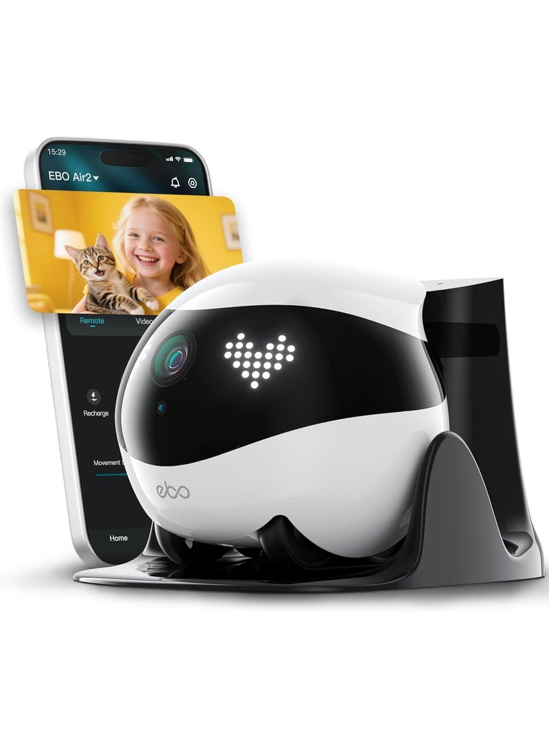 اينابوت روبوت كاميرا المراقبة الداخلية Enabot EBO Air 2 FamilyBot: كاميرا حيوانات أليفة بدقة 2K، روبوت منزلي متحرك، تعابير وجه قابلة للتخصيص، إعادة شحن تلقائي، يعمل بالبطارية، اتصال ثنائي الاتجاه، رؤية ليلية (أبيض ناصع) - Image 1