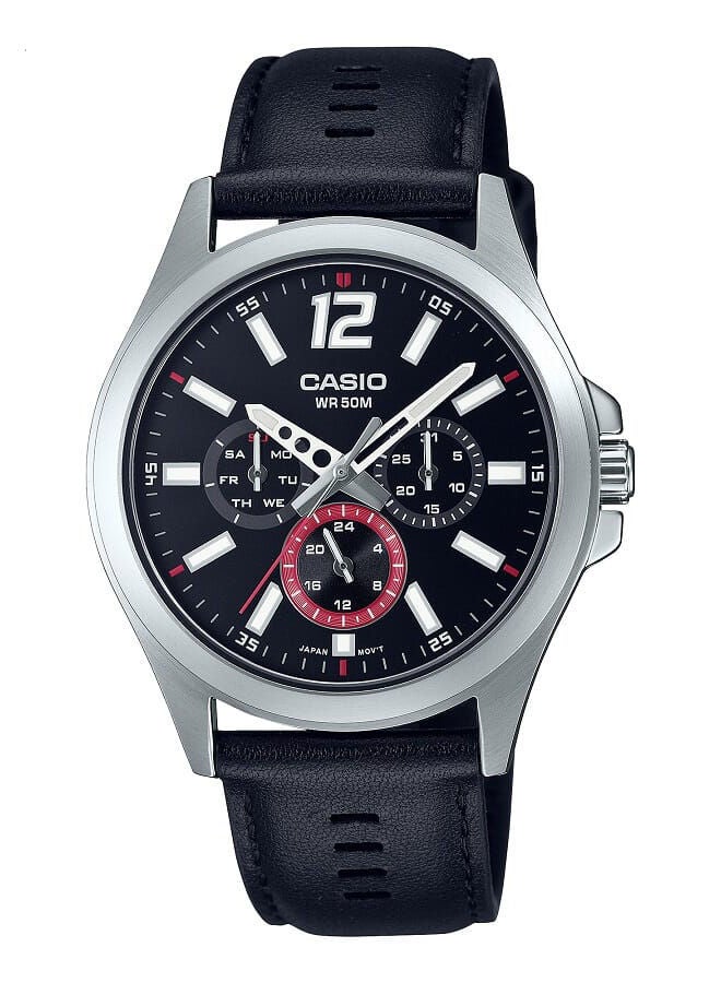 CASIO Men Watch Analog Multi Hand Black Dial Genuine Leather Band MTP-E350L-1BVDF - Image 1