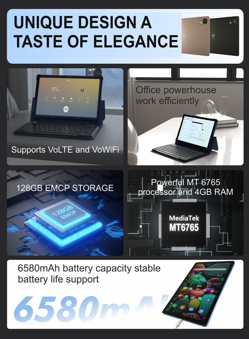 فيكوشا تابلت 10.1 بوصة، ذاكرة وصول عشوائي 4 جيجابايت + ذاكرة تخزين داخلية 128 جيجابايت، واي فاي أندرويد 13 تابلت 5 ميجابكسل + 13 ميجابكسل كاميرا مزدوجة، ثنائي شريحة الاتصال 4G، تابلت ذكي مع لوحة مفاتيح/حافظة - ذهبي - Image 3