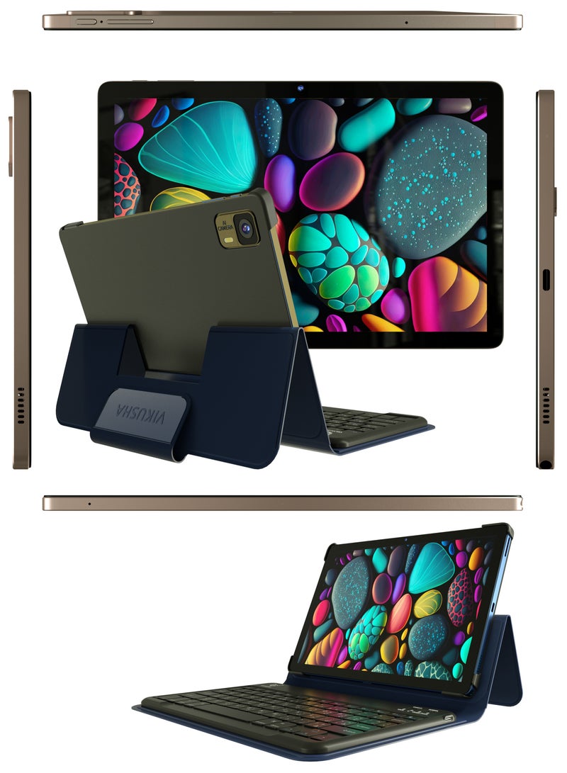 فيكوشا تابلت 10.1 بوصة، ذاكرة وصول عشوائي 4 جيجابايت + ذاكرة تخزين داخلية 128 جيجابايت، واي فاي أندرويد 13 تابلت 5 ميجابكسل + 13 ميجابكسل كاميرا مزدوجة، ثنائي شريحة الاتصال 4G، تابلت ذكي مع لوحة مفاتيح/حافظة - ذهبي - Image 2