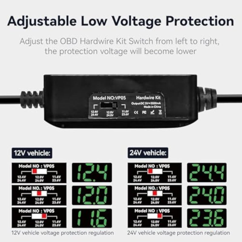 REDTIGER Dash Cam OBD Hardwire Kit Power Cable Type USB C Port,10FT 12V-24V to 5V,for Dash Camera, Low Voltage Protection - Image 4
